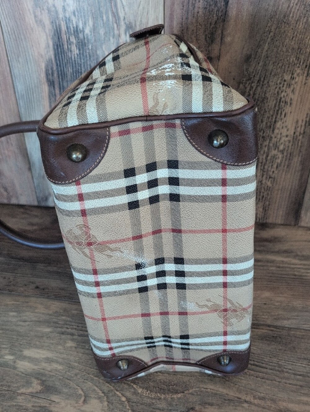 Burberry Vintage Nova Haymarket Check Print Woven Pattern Leather Trim - Picture 9 of 16